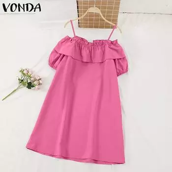 VONDA Женские летние платья с открытыми плечами и короткими рукавами с оборками S темно-розовый