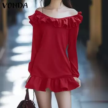 VONDA Женские летние платья с открытыми плечами и длинными рукавами и оборками по подолу 4XL красный