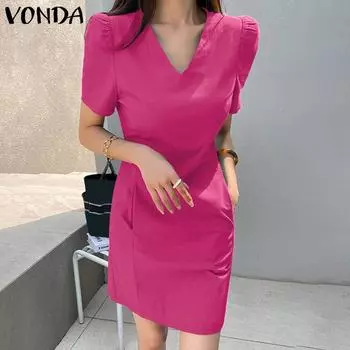 VONDA Женские летние платья с V-образным вырезом и короткими рукавами на талии и карманами S зелёный