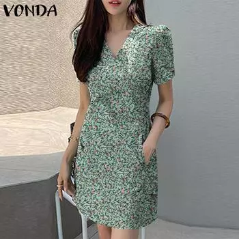 VONDA Женские летние платья с V-образным вырезом и коротким рукавом с цветочным принтом 5XL красный