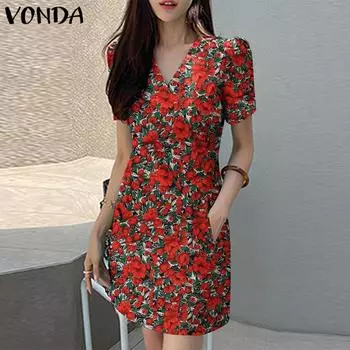 VONDA Женские летние платья с V-образным вырезом и коротким рукавом с цветочным принтом 5XL красный