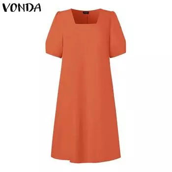 VONDA женские летние плиссированные однотонные свободные платья с квадратным вырезом и короткими рукавами