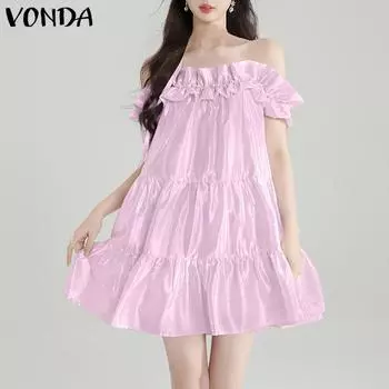 VONDA Женские летние плиссированные платья с открытыми плечами и оборками без рукавов 4XL жёлтый