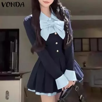 VONDA Женские летние поддельные платья-рубашки из двух частей с длинным рукавом S синий