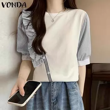 VONDA Женские летние полосатые блузки с круглым вырезом и оборками, со средним рукавом 3XL синий