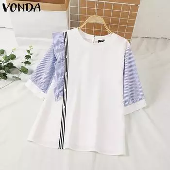 VONDA Женские летние полосатые блузки с круглым вырезом и оборками, со средним рукавом 3XL синий