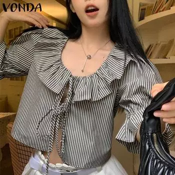 VONDA Женские летние полосатые блузки с круглым вырезом и коротким рукавом с оборками 2XL синий