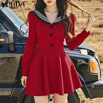 VONDA Женские летние полосатые платья с длинным рукавом и лацканами S красный