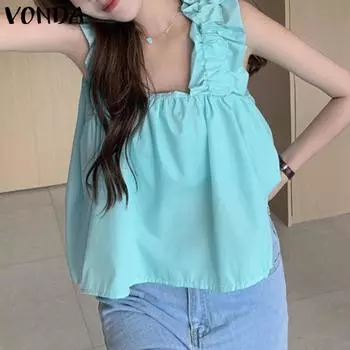 VONDA Женские летние повседневные блузки без рукавов с квадратным вырезом и оборками, однотонные, свободные