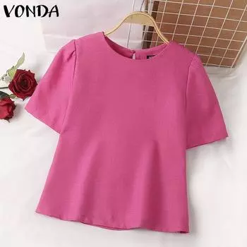 VONDA женские летние повседневные блузки с круглым вырезом и короткими рукавами, однотонные свободные блузки