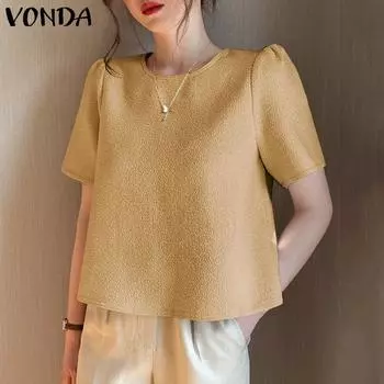 VONDA женские летние повседневные блузки с круглым вырезом и короткими рукавами, однотонные свободные блузки