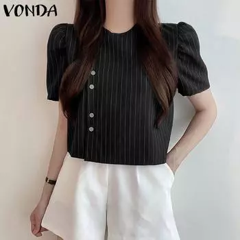 VONDA Женские летние повседневные блузки с круглым вырезом и коротким рукавом в полоску 4XL красный