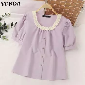 VONDA Женские летние повседневные кружевные блузки с круглым вырезом и коротким рукавом