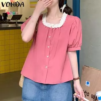 VONDA Женские летние повседневные кружевные блузки с круглым вырезом и коротким рукавом