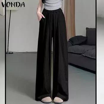 VONDA Женские летние повседневные однотонные свободные прямые брюки с эластичной резинкой на талии M чёрный