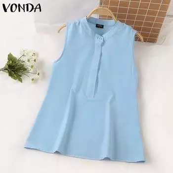 VONDA женские летние повседневные однотонные свободные топы без рукавов с круглым вырезом 4XL синий