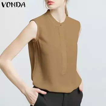 VONDA женские летние повседневные однотонные свободные топы без рукавов с круглым вырезом