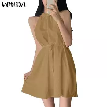 VONDA женские летние повседневные платья без рукавов средней длины с небольшими лацканами и завязками на талии