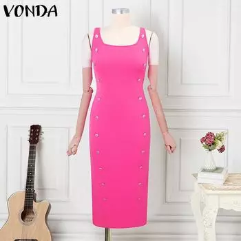 VONDA Женские летние повседневные платья с U-образным вырезом без рукавов на пуговицах с узкими подтяжками S ярко-розовый
