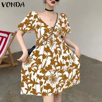 VONDA женские летние повседневные платья с v-образным вырезом и коротким рукавом с укороченной талией и принтом