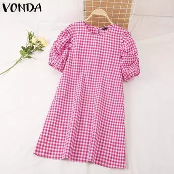VONDA женские летние повседневные платья в клетку с круглым вырезом и короткими рукавами в клетку
