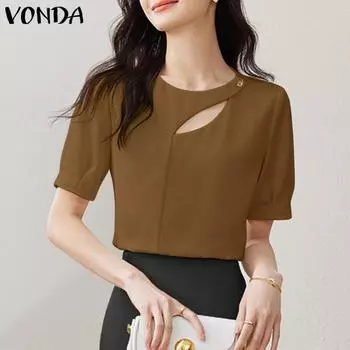 VONDA женские летние повседневные свободные блузки с круглым вырезом и коротким рукавом, сплошной цвет