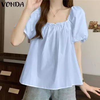 VONDA Женские летние повседневные свободные блузки с квадратным вырезом и короткими рукавами 2XL синий