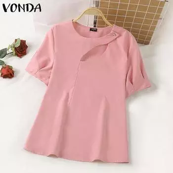 VONDA женские летние повседневные свободные блузки с круглым вырезом и коротким рукавом, сплошной цвет