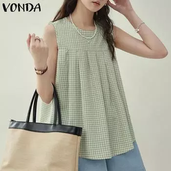 VONDA Женские летние повседневные свободные майки с круглым вырезом в клетку