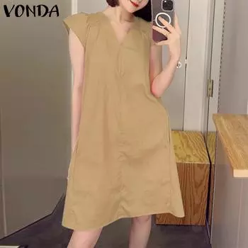 VONDA женские летние повседневные свободные платья с v-образным вырезом и коротким рукавом, сплошной цвет