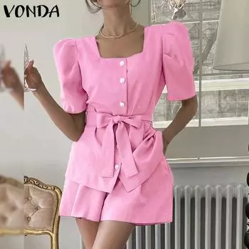 VONDA женские летние пышные брюки с квадратным вырезом и короткими рукавами, пуговицы, завязка на талии, однотонные свободные топы, шорты, костюмы