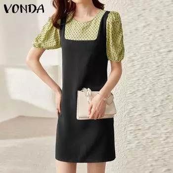 VONDA женские летние пышные платья с круглым вырезом и короткими рукавами в горошек, свободные короткие платья из двух частей