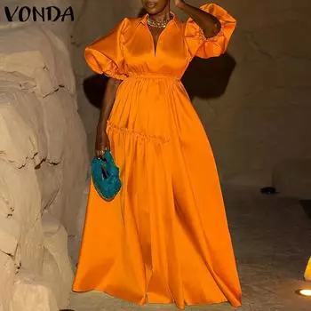 VONDA женские летние пышные платья с v-образным вырезом и короткими рукавами с рюшами на талии, однотонные свободные платья с талией M синий