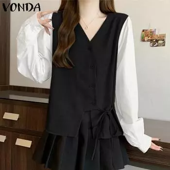 VONDA Женские летние рубашки из двух частей с V-образным вырезом и длинным рукавом S чёрный