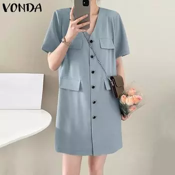 VONDA женские летние с v-образным вырезом и короткими рукавами, декоративные карманы и пуговицы, однотонные свободные короткие платья