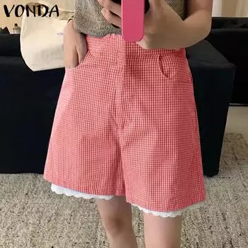 VONDA Женские летние шорты с эластичной талией, однотонные, в клетку, кружевные S зелёный