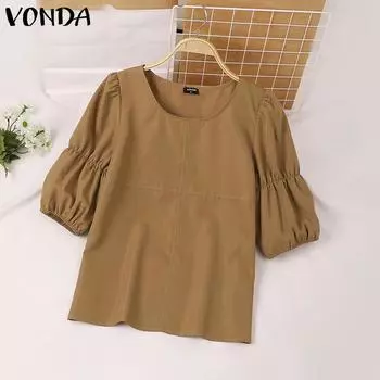 VONDA Женские летние свободные блузки с круглым вырезом и средним рукавом