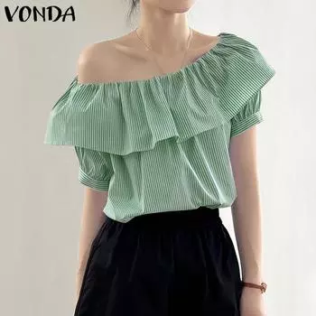 VONDA Женские летние свободные блузки с открытыми плечами и короткими рукавами в полоску с рюшами, сплошной цвет 4XL красный