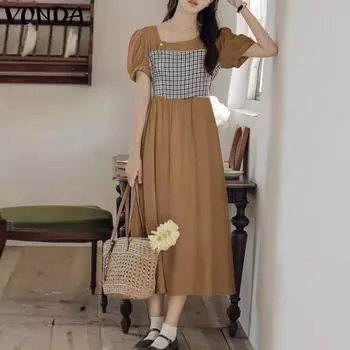 VONDA женские летние свободные длинные платья в клетку с короткими рукавами и квадратным вырезом в клетку 3XL бежевый