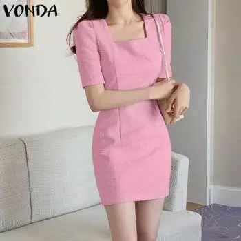 VONDA женские летние свободные короткие платья с квадратным вырезом и короткими рукавами, сплошной цвет с талией