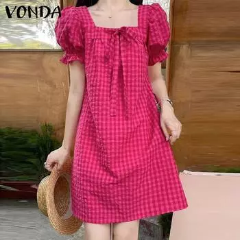 VONDA женские летние свободные короткие платья с квадратным вырезом и короткими рукавами в клетку с рюшами и галстуком