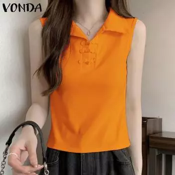 VONDA Женские летние свободные майки без рукавов с воротником-рубашкой M оранжевый