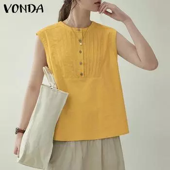 VONDA Женские летние свободные майки без рукавов с воротником-стойкой в полоску, однотонные жёлтый
