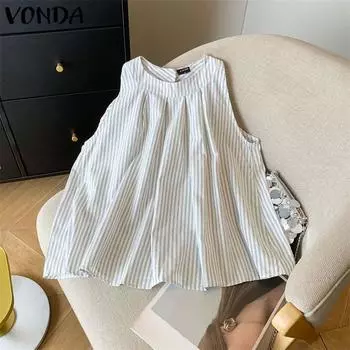 VONDA Женские летние свободные майки с круглым вырезом в полоску S синий