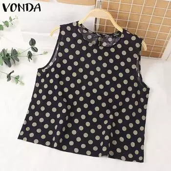 VONDA Женские летние свободные майки с круглым вырезом и без рукавов в горошек 4XL зелёный