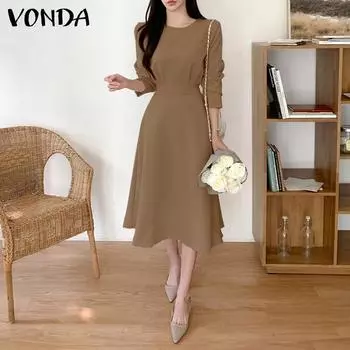 VONDA женские летние свободные платья с круглым вырезом и длинными рукавами, с талией и подолом 5XL бежевый