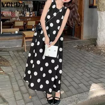 VONDA Женские летние свободные платья с круглым вырезом без рукавов в горошек 2XL чёрный