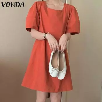 VONDA женские летние свободные платья с квадратным вырезом и коротким рукавом, однотонные подол