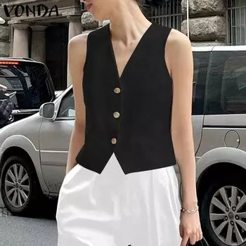 VONDA женские летние свободные жилеты без рукавов с v-образным вырезом и пуговицами