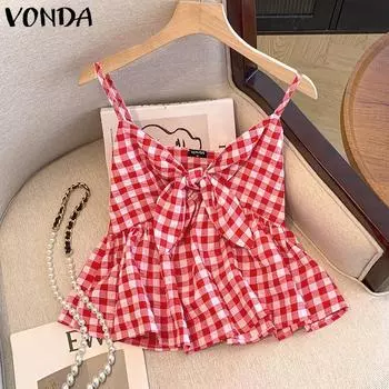 VONDA Женские летние топы без рукавов с клетчатым узлом 2XL чёрный
